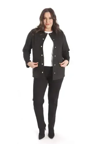 Trend42plus Plus Size Crew Neck Snap Buttoned Black Suede Jacket - 4