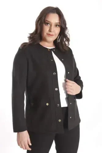 Trend42plus Plus Size Crew Neck Snap Buttoned Black Suede Jacket - 5