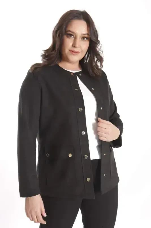 Trend42plus Plus Size Crew Neck Snap Buttoned Black Suede Jacket - 5
