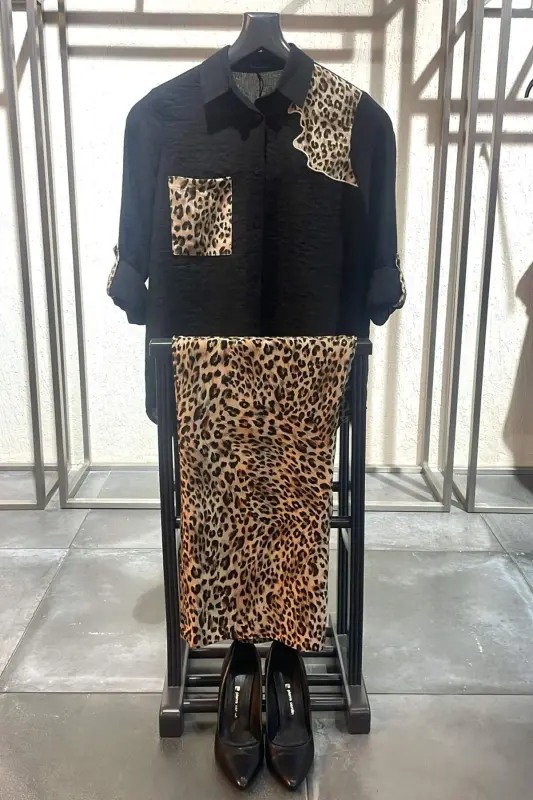 Trend42plus Plus Size Decorative Pocket Detailed Leopard Embroidered Black Shirt - 1