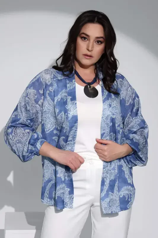 Trend42plus Plus Size Digital Printed Chiffon Blue Jacket - BÜYÜKBEDENIZ