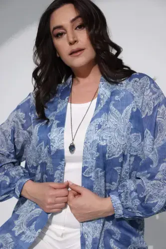 Trend42plus Plus Size Digital Printed Chiffon Blue Jacket - 2