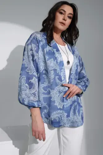 Trend42plus Plus Size Digital Printed Chiffon Blue Jacket - 3