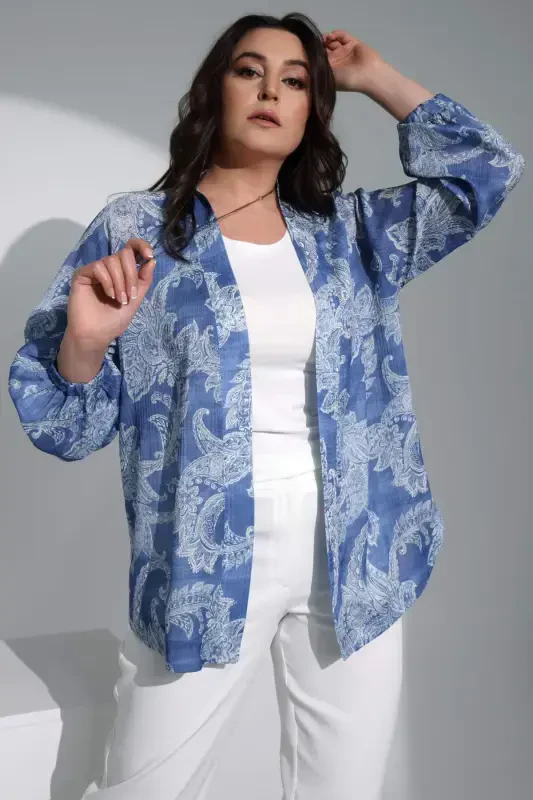 Trend42plus Plus Size Digital Printed Chiffon Blue Jacket - 5