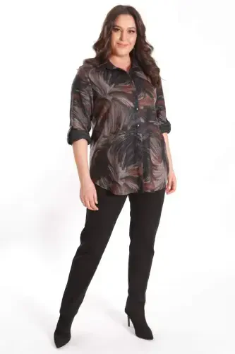 Trend42plus Plus Size Digital Printed Leather Collar Brown Shirt - 2