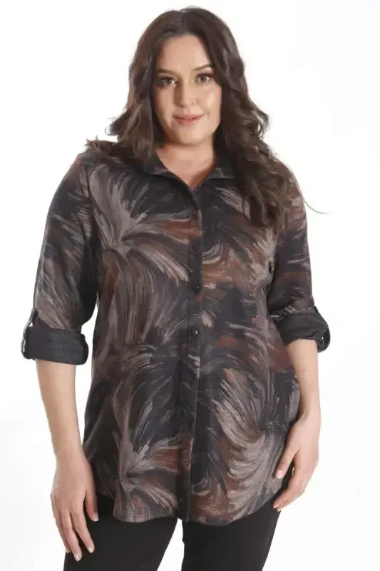 Trend42plus Plus Size Digital Printed Leather Collar Brown Shirt - 3