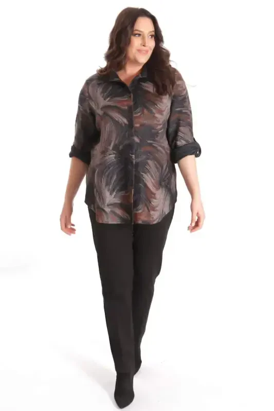 Trend42plus Plus Size Digital Printed Leather Collar Brown Shirt - 4