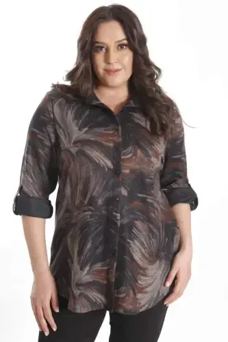Trend42plus Plus Size Digital Printed Leather Collar Brown Shirt - 3