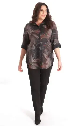 Trend42plus Plus Size Digital Printed Leather Collar Brown Shirt - 4