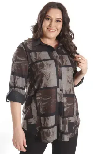 Trend42plus Plus Size Digital Printed Leather Collar Brown Shirt - 1