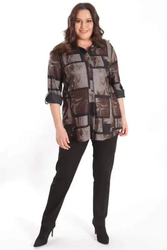 Trend42plus Plus Size Digital Printed Leather Collar Brown Shirt - 2