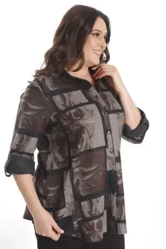 Trend42plus Plus Size Digital Printed Leather Collar Brown Shirt - 3