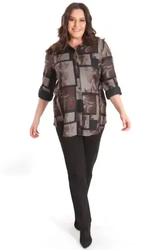 Trend42plus Plus Size Digital Printed Leather Collar Brown Shirt - 4