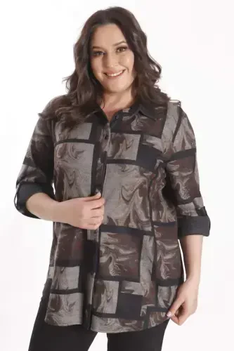 Trend42plus Plus Size Digital Printed Leather Collar Brown Shirt - 5