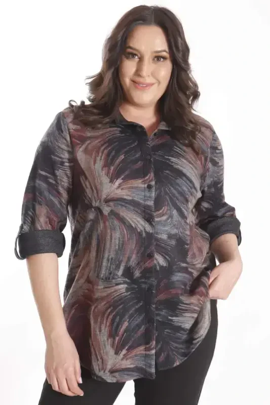 Trend42plus Plus Size Digital Printed Leather Collar Burgundy Shirt - BÜYÜKBEDENIZ