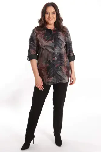 Trend42plus Plus Size Digital Printed Leather Collar Burgundy Shirt - BÜYÜKBEDENIZ (1)