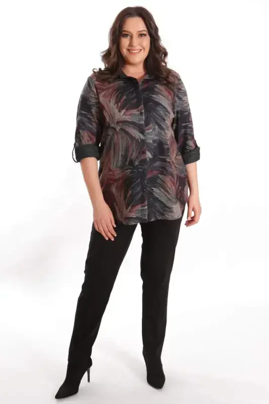 Trend42plus Plus Size Digital Printed Leather Collar Burgundy Shirt - 2