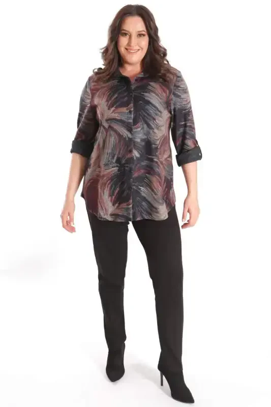 Trend42plus Plus Size Digital Printed Leather Collar Burgundy Shirt - 4