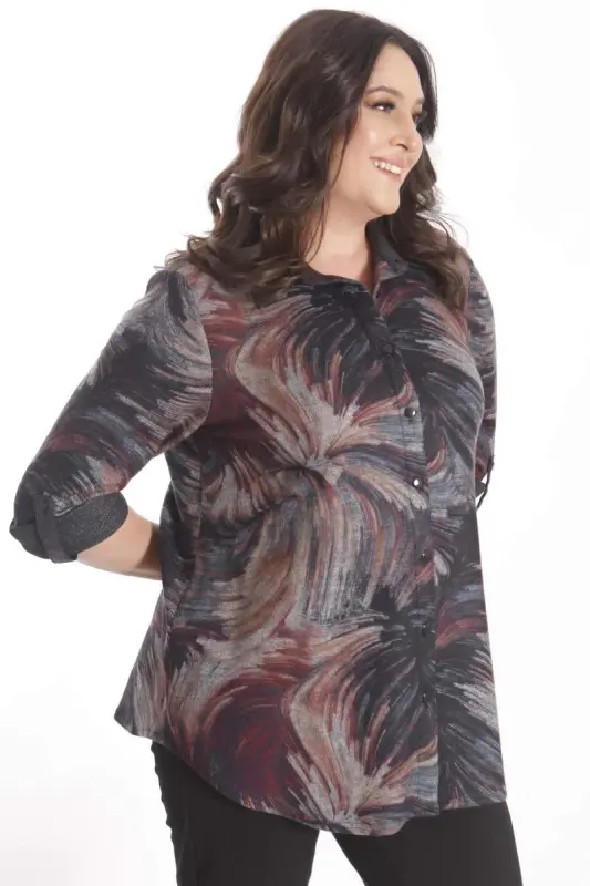 Trend42plus Plus Size Digital Printed Leather Collar Burgundy Shirt - 5