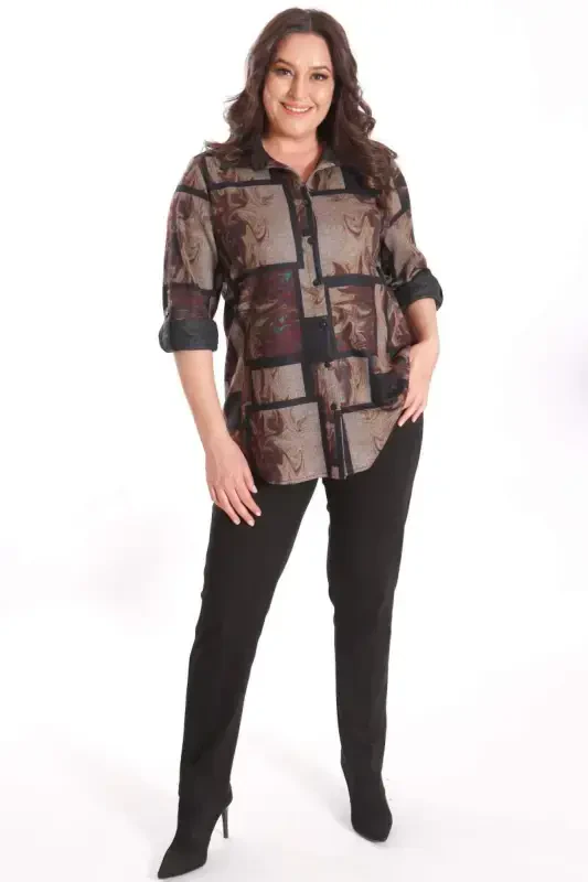 Trend42plus Plus Size Digital Printed Leather Collar Burgundy Shirt - 2