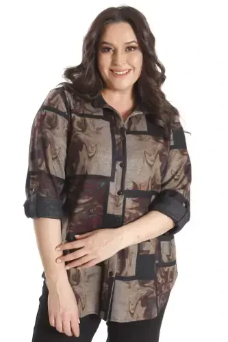 Trend42plus Plus Size Digital Printed Leather Collar Burgundy Shirt - 3