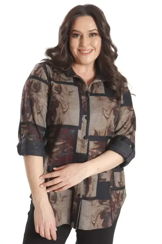 Trend42plus Plus Size Digital Printed Leather Collar Burgundy Shirt - 3