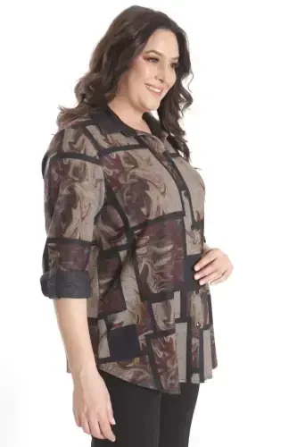 Trend42plus Plus Size Digital Printed Leather Collar Burgundy Shirt - 6