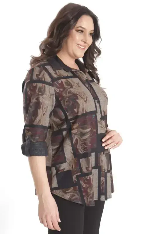 Trend42plus Plus Size Digital Printed Leather Collar Burgundy Shirt - 6