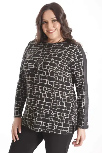 Trend42plus Plus Size Digital Printed Sleeves Black Blouse with Leather Stripes - 6