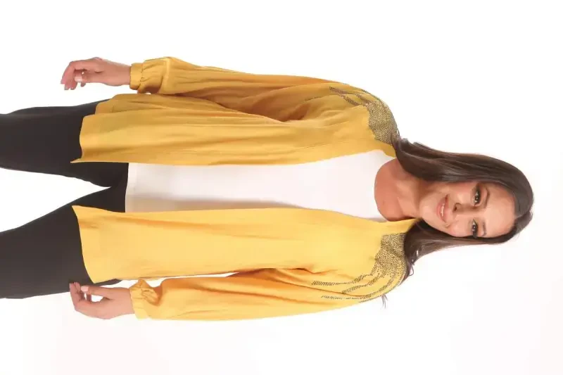 Trend42plus Plus Size Dress Stone Printed Oversize Yellow Jacket - BÜYÜKBEDENIZ