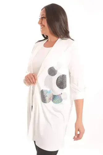 Trend42plus Plus Size Ecru Circle Pattern Stone Printed Long Cardigan - BÜYÜKBEDENIZ (1)