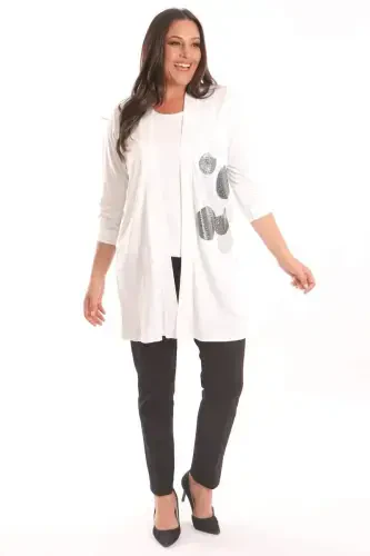 Trend42plus Plus Size Ecru Circle Pattern Stone Printed Long Cardigan - 3