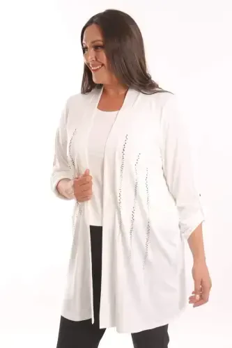 Trend42plus Plus Size Ecru Stone Print Long Cardigan - 1