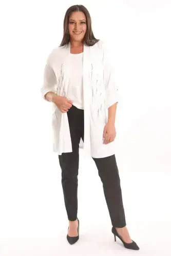 Trend42plus Plus Size Ecru Stone Print Long Cardigan - BÜYÜKBEDENIZ (1)