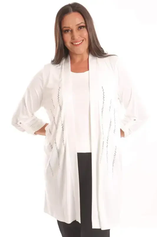 Trend42plus Plus Size Ecru Stone Print Long Cardigan - 3