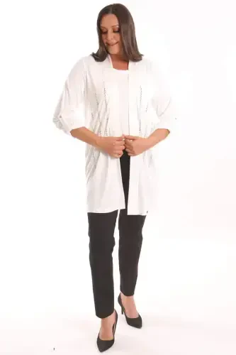 Trend42plus Plus Size Ecru Stone Print Long Cardigan - 4