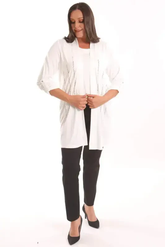 Trend42plus Plus Size Ecru Stone Print Long Cardigan - 4