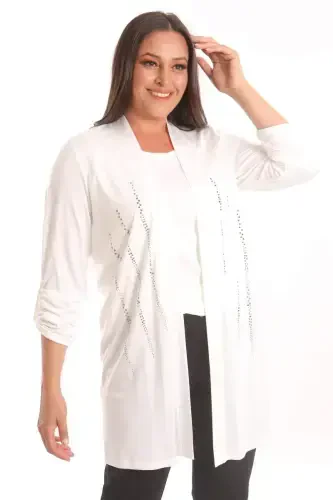 Trend42plus Plus Size Ecru Stone Print Long Cardigan - 5