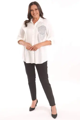 Trend42plus Plus Size Ecru Stone Printed Woven Shirt - BÜYÜKBEDENIZ (1)