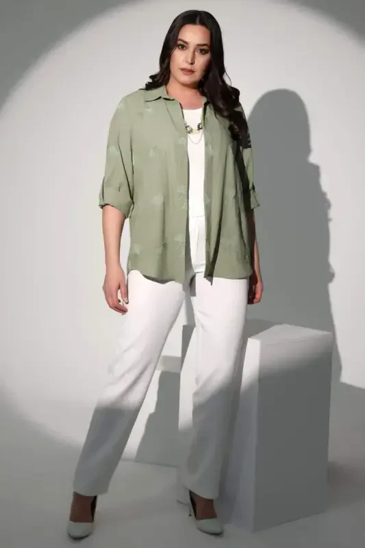 Trend42plus Plus Size Elastic Waist Slim Fit White Trousers - BÜYÜKBEDENIZ