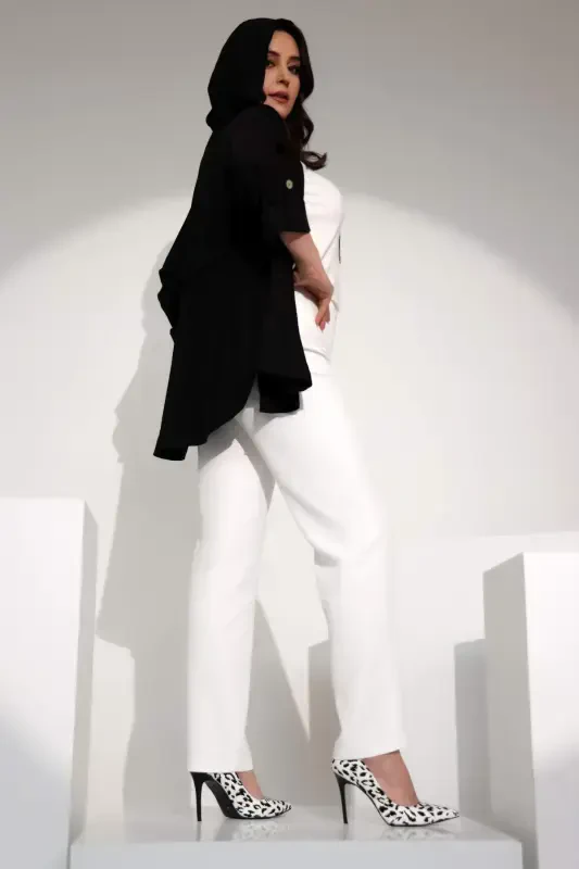 Trend42plus Plus Size Elastic Waist Slim Fit White Trousers - 4