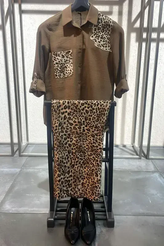 Trend42plus Plus Size Embellished Pocket Detail Leopard Embroidered Brown Shirt - 1