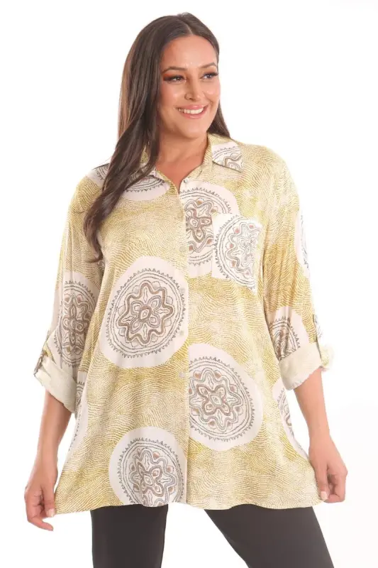 Trend42plus Plus Size Ethnic Pattern Mustard Shirt - 3