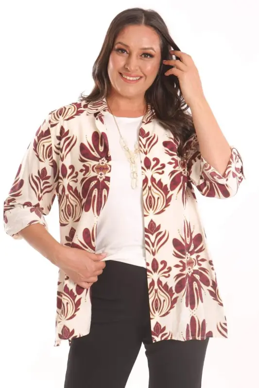 Trend42plus Plus Size Ethnic Patterned Burgundy Shirt Blouse Two Piece Set - 1