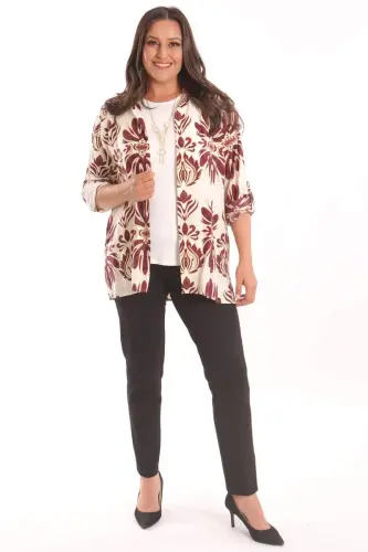 Trend42plus Plus Size Ethnic Patterned Burgundy Shirt Blouse Two Piece Set - BÜYÜKBEDENIZ (1)