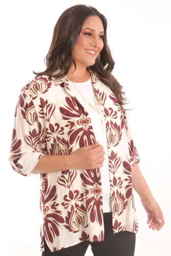 Trend42plus Plus Size Ethnic Patterned Burgundy Shirt Blouse Two Piece Set - 3