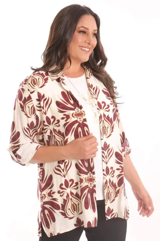 Trend42plus Plus Size Ethnic Patterned Burgundy Shirt Blouse Two Piece Set - 3
