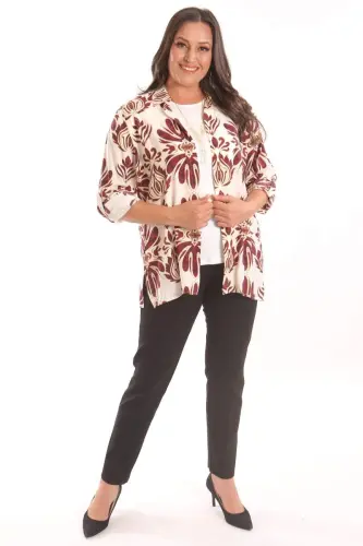 Trend42plus Plus Size Ethnic Patterned Burgundy Shirt Blouse Two Piece Set - 4