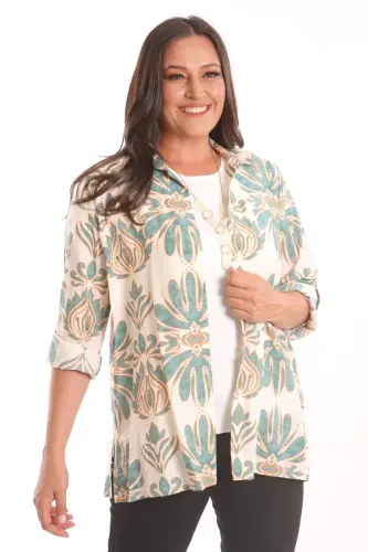 Trend42plus Plus Size Ethnic Patterned Green Shirt Blouse Two Piece Set - 1