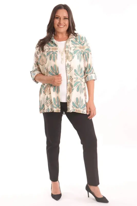 Trend42plus Plus Size Ethnic Patterned Green Shirt Blouse Two Piece Set - 2